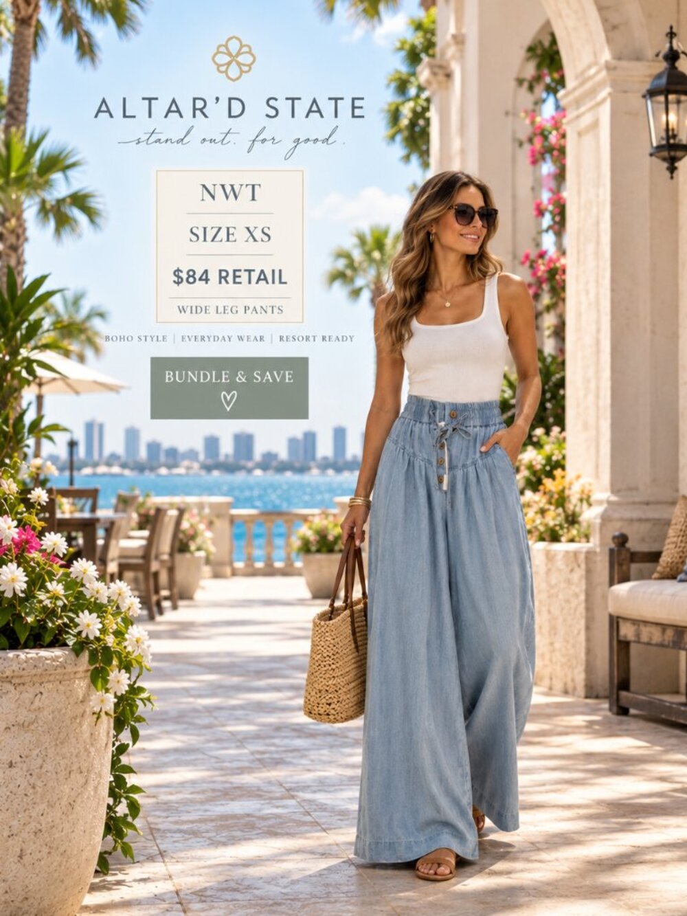 NWT Altar'd State Light Wash Chambray Wide Leg Pants XS $84